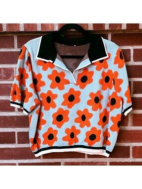 Retro Style Floral Knit Polo Sweater Top